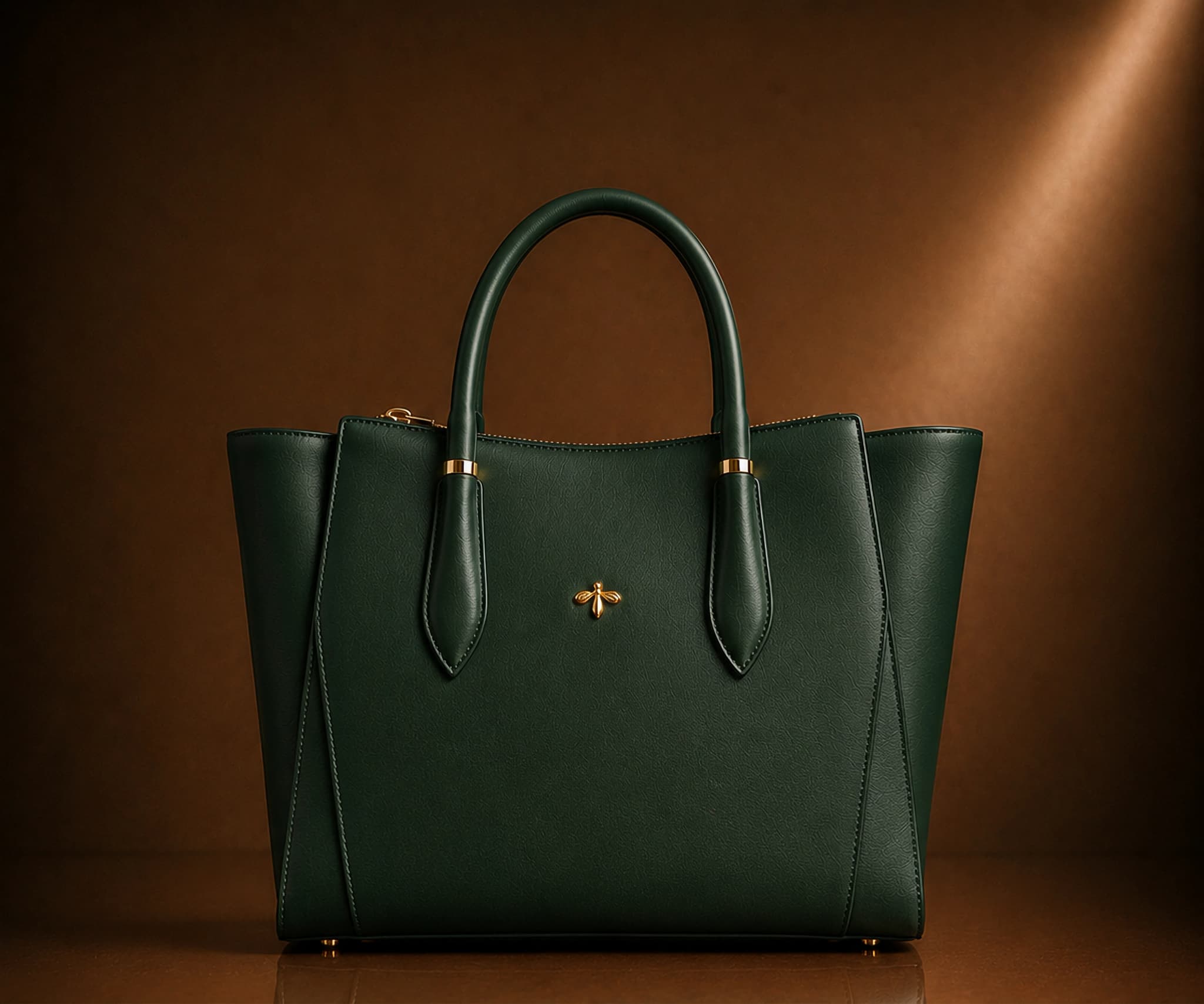 Tote Eden Collection in materia vegetale d’arancia nel colore verde bosco, con emblema a foglia di fico in oro